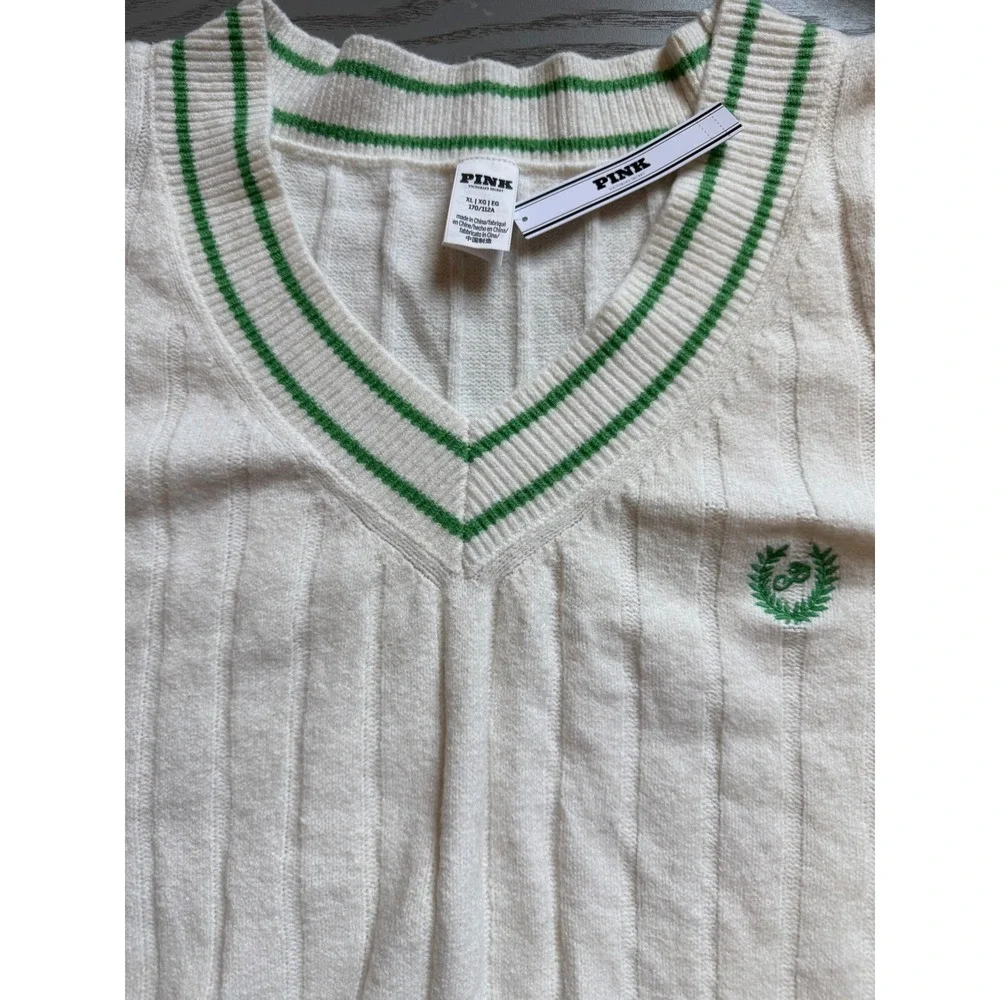 Victoria's Secret PINK Sweater Vest Cream Green Varsity Collegiate V-Neck XL NEW